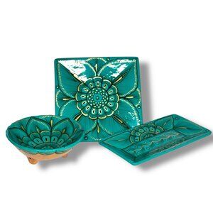 Mexican Terra Cotta Handcrafted Trinket Dishes Clay Pottery Soap Dish Turquoise